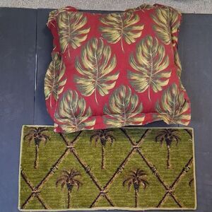 Red  Green Palm leaf tropical pillow accent and palm tree pattern accent rug